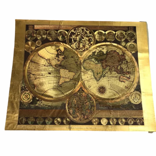 Vtg Peter Schenk The Elder Planisphaerium Terrestre Gold Foil Map of the World