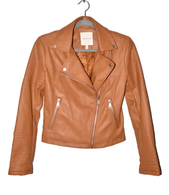 AVEC LES FILLES NEW $109 Classic Faux Leather Biker Jacket in Cognac 2XS