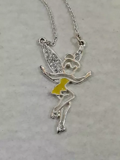 Disney TINKERBELL Yellow Enamel Silver Tone Fairy NECKLACE Rhinestone