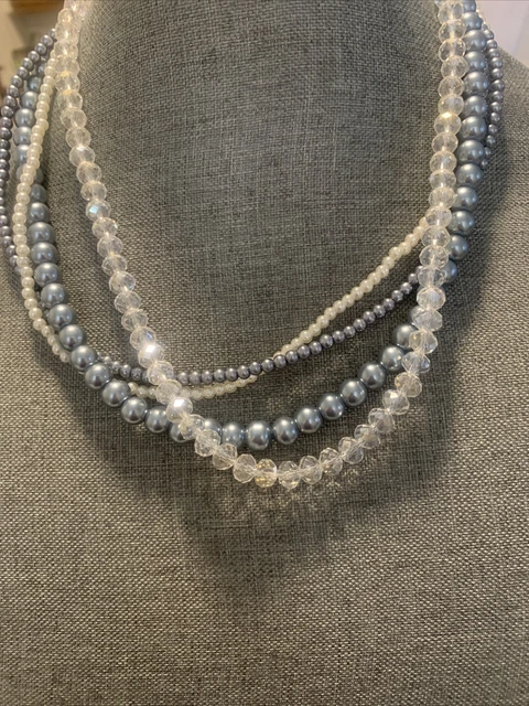 Beautiful Gray & White Faux Pearl & Glass Crystal 4 Strand Necklace 21"
