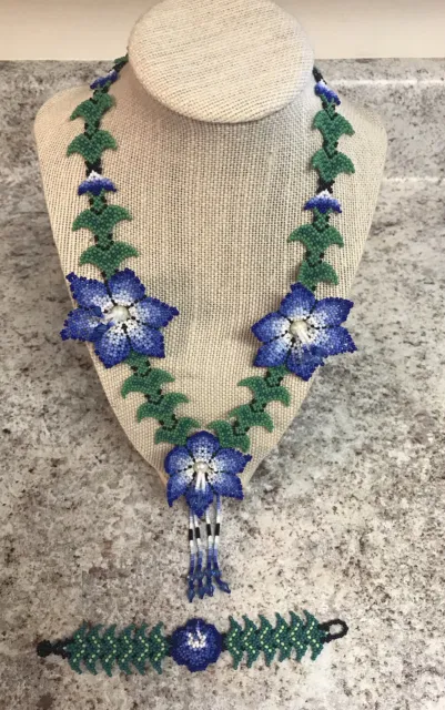 HUICHOL Mexican Handmade Jewelry Beaded Folk Art Peyote Flower Necklace Bracelet