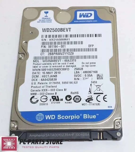 Western Digital 250GB 2.5 WD2500BEVT-60A23T0 2061-771672-F04 AA FOR PARTS/REPAIR