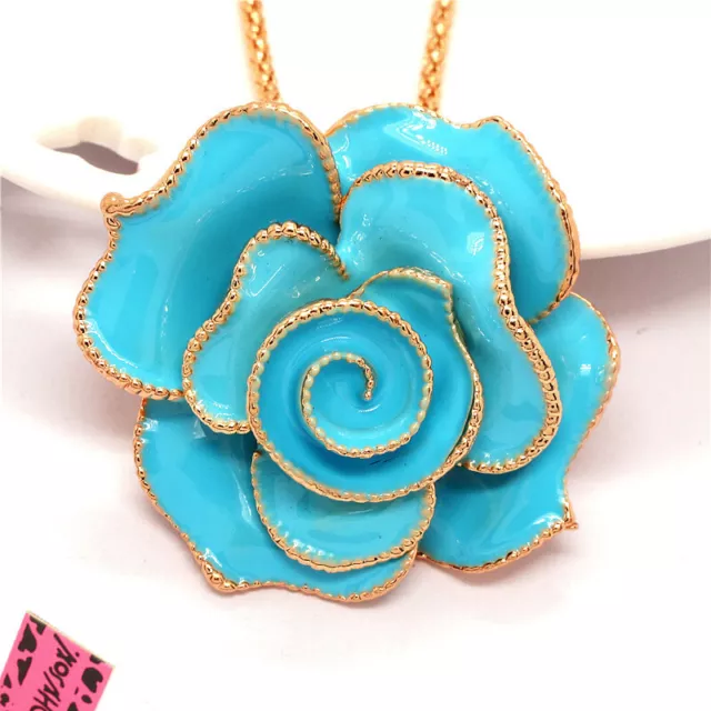 New Fashion Women Blue Enamel Crystal Passionate rose Sweater Chain Necklace