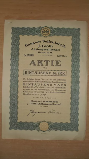 Hanauer Seifenfabrik J. Gioth AG  Hanau 1922  ungelocht