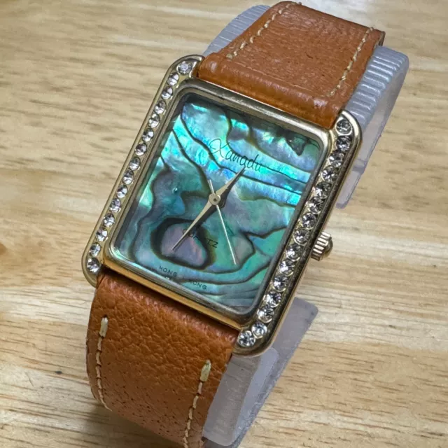 VTG Xanadu Quartz Watch Unisex Abalone Gold Tone Rhinestone Leather New Battery