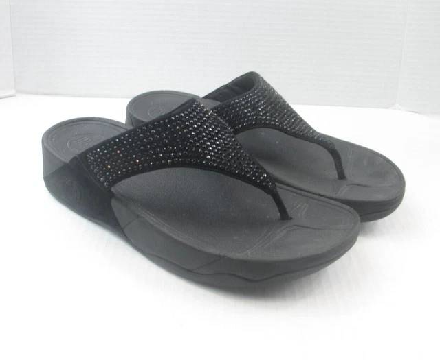 Fitflop Womens Rokkit Black Rhinestone Criss Cross Slip On Slide Sandals Size 8