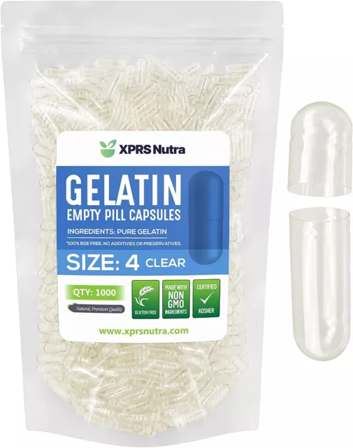 1000 Empty Size #4 Clear Kosher Gelatin Capsules Pills USA Made FRESH Gelcaps!