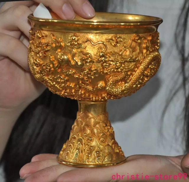 4.6" Ancient Chinese bronze 24k gold gilt fengshui dragon Wine vessel Goblet Cup