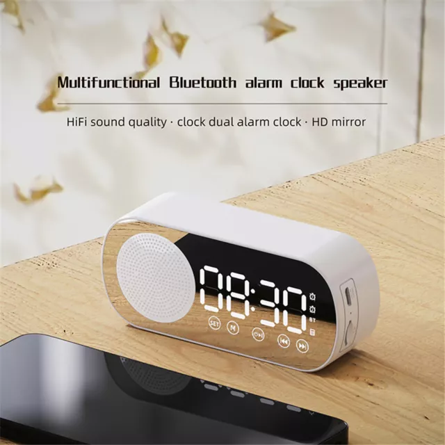 Bluetooth Speaker Portable Wireless FM Radio LED Mirror Alarm Clock USB Player