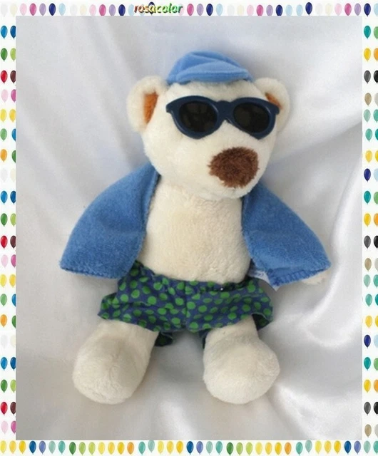 Doudou Peluche Ours Blanc Short Bleu Pois Vert Lunettes Bleu Gipsy
