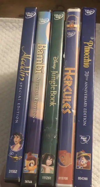 Disney DVD Lot 5 Movies Hercules Aladdin Jungle Book Pinocchio Bambi