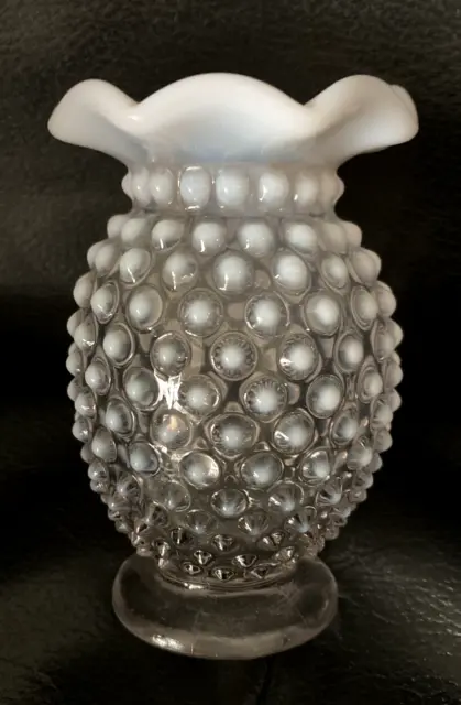 Vintage Fenton 3 3/4" Tall Opalescent Clear Glass Milk Glass Hobnail Vase