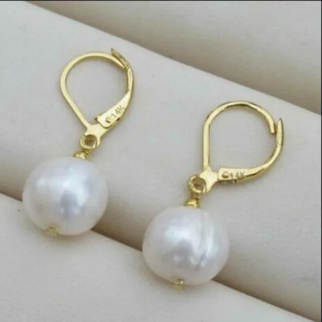9-10mm Natural white round Southsea pearl 14K gold earrings CARNIVAL Women