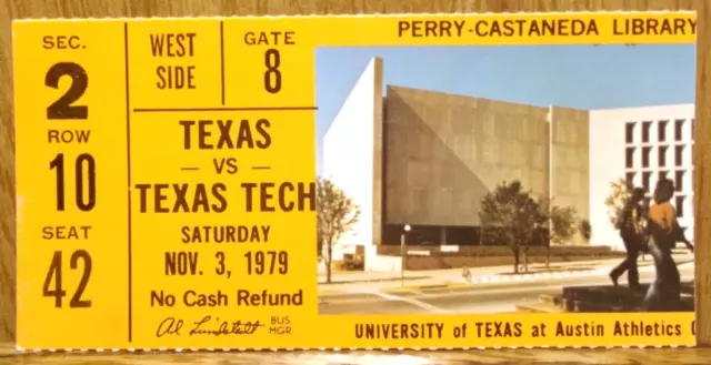 Texas Longhorns Football vs. Texas Tech Red Raiders 11-3-1979 Used Ticket Stub