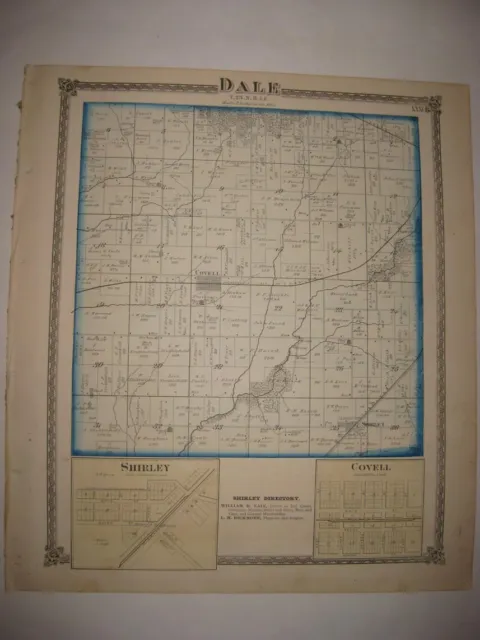 Antique 1874 Dale Township Shirley Covell Mclean County Illinois Handcolored Map