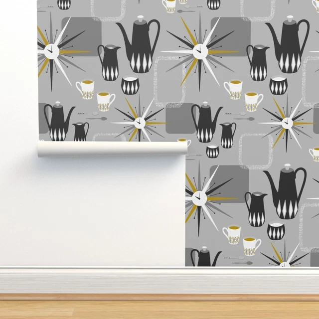 Removable Water-Activated Wallpaper Mid Century Modern Coffee Time Mod Neutral