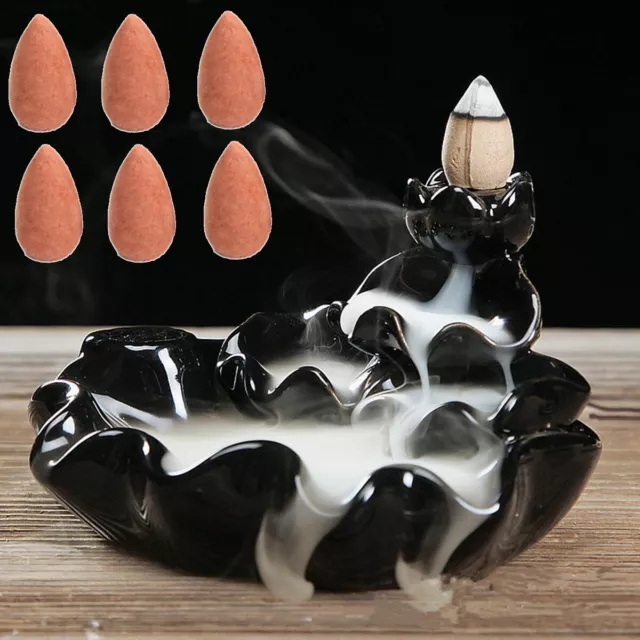 Backflow Ceramic Incense Burner Holder Porcelain Waterfall +6 Incense Cones