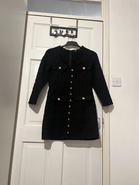 ZARA BLACK TWEED Dress With Gold Buttons Size m 21.50 - PicClick UK