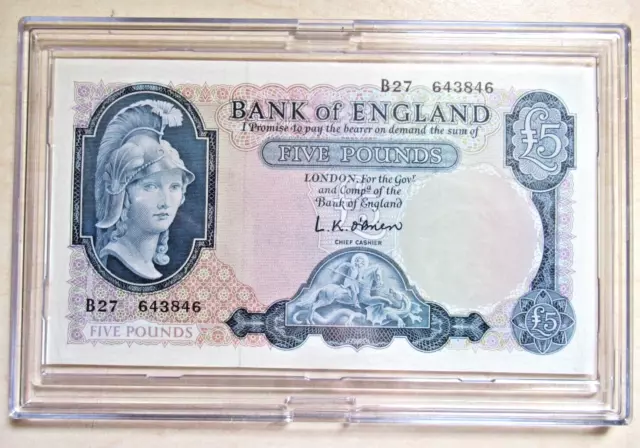 Bank Of England 5 Pound Note £5 ~ 1957 O'Brien ~ Prefix B27 643846 - Slabbed.