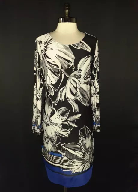 INC International Concepts Sz L Shift Dress Black White Blue Floral Long Sleeve
