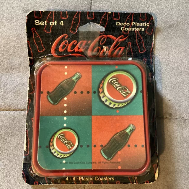 Coca Cola Brand Set of 4 Deco Plastic Drink Coasters Vintage 1996