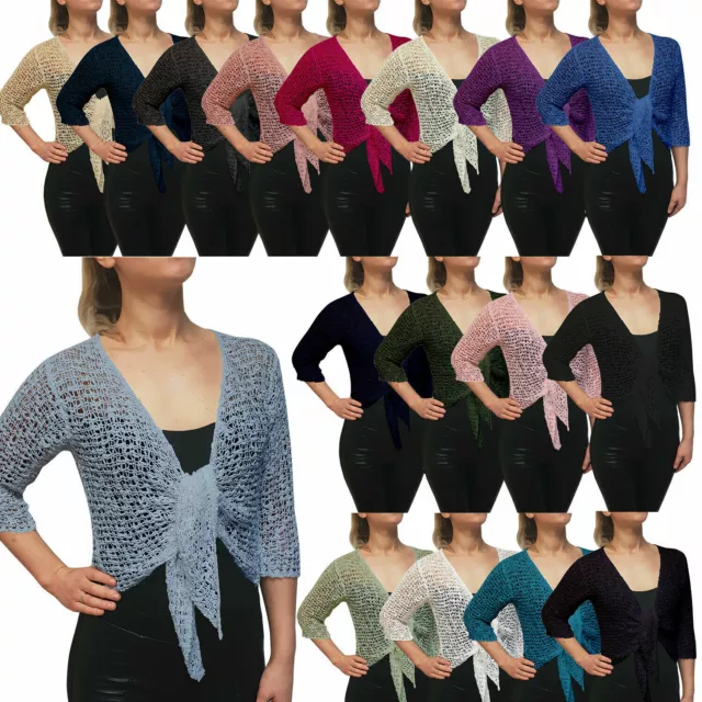 Ladies Popcorn Cardigan Style Crochet Plain Stretch Tie at Waist Bolero Shrug