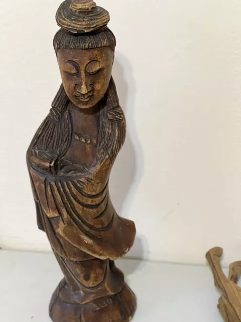 Antique Hand Carved Lady  Wood Oriental Asian Statue