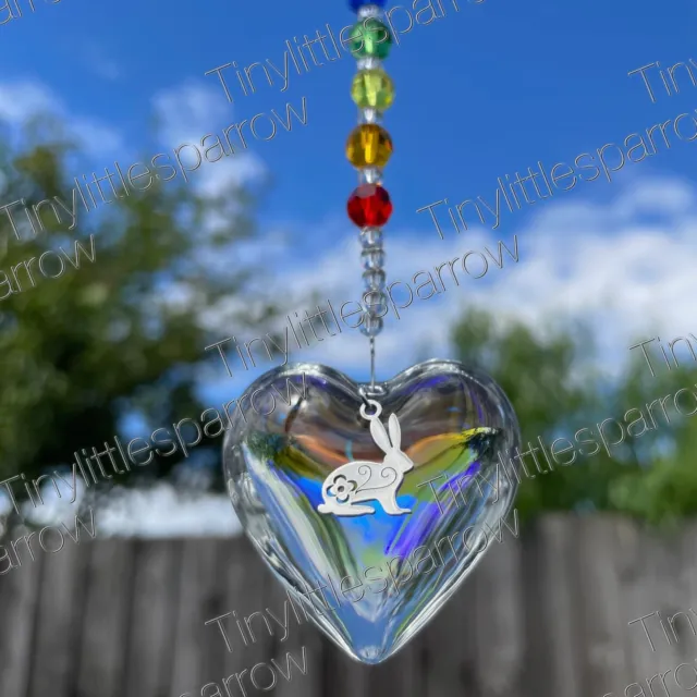Sun Catcher Rabbit Pet Loss Memorial Keepsake Rainbow Bridge Glass Heart ~ Bunny