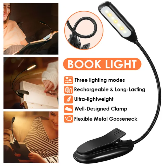 Clip On LED Reading Light Bed USB Rechargeable Stand Flexible Book Reading Lamp