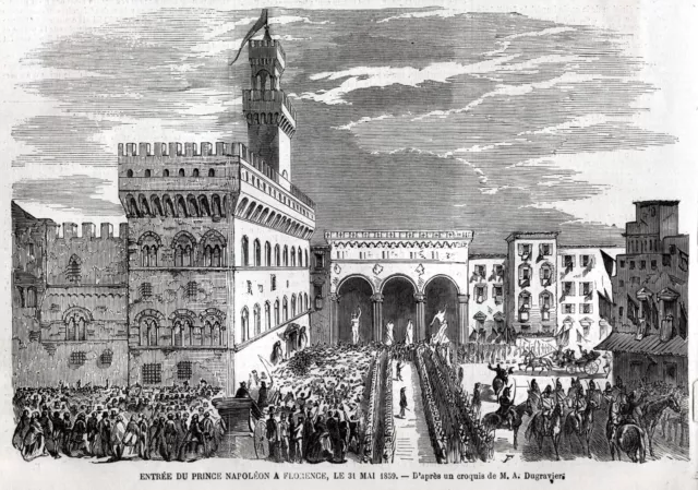 Firenze, 31 maggio: entrata del principe Napoleone. Stampa antica del 1859