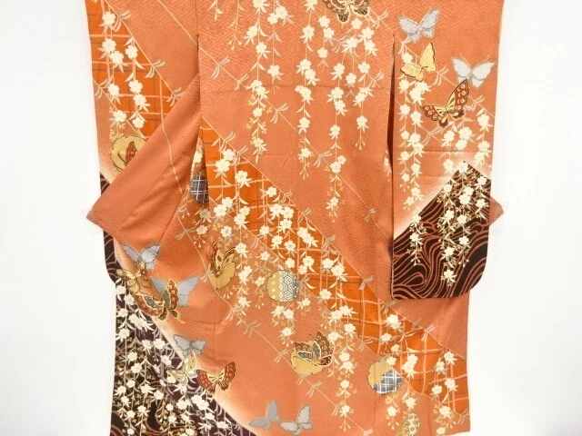 09974# Japanese Kimono / Antique Furisode / Embroidery / Butterfly & Weeping