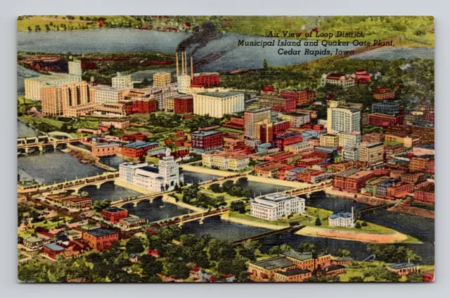 Postcard Aerial View Quaker Oats Company in Cedar Rapids Iowa, Vintage Linen C6