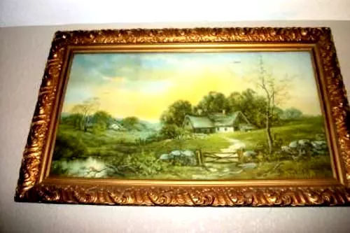 Victorian Cottage Landscape Pastoral Lithograph Print Gilt Gesso Wood Frame 1905