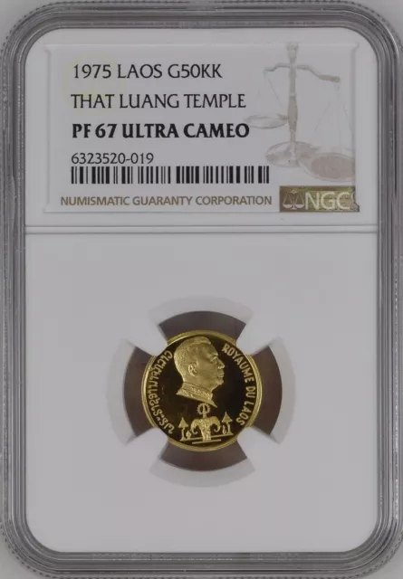 Laos , Gold 50,000 Kip 1975 That Luang Temple - Ngc Pf 67 Uc , Rare2