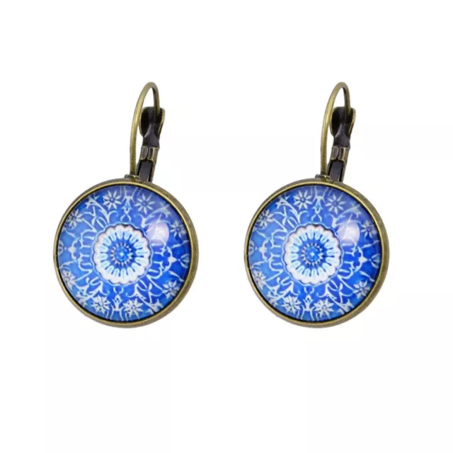 Flower Pattern Round Bronze Blue Hoop Earrings Vintage Style Ethnic Jewellery