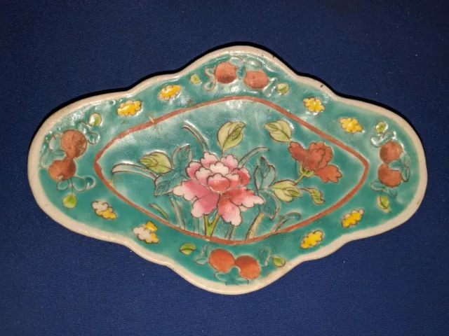 Old Chinese Porcelain hand painted floral Turquoise plate Dish, 19th C ANTIQUE