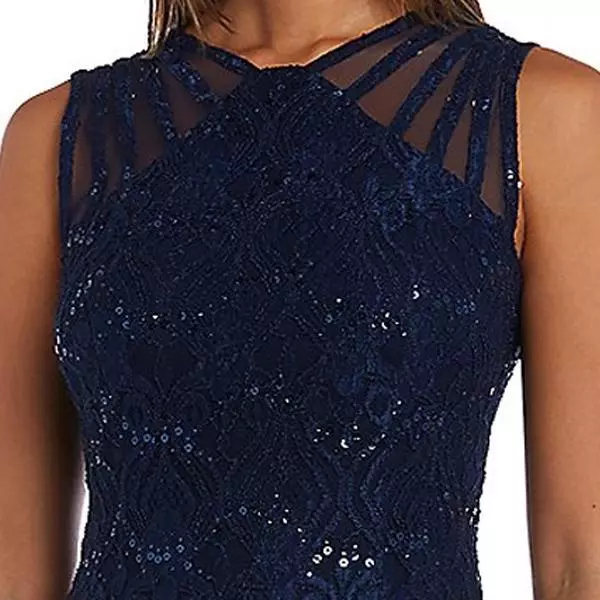 R&M Richards Sequined Lace Gown with Sheer Inserts Navy 3