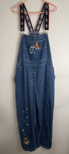 Vintage Disney Pooh Tigger Overalls XL Blue Jeans Denim Pants Bibs Snow Flakes