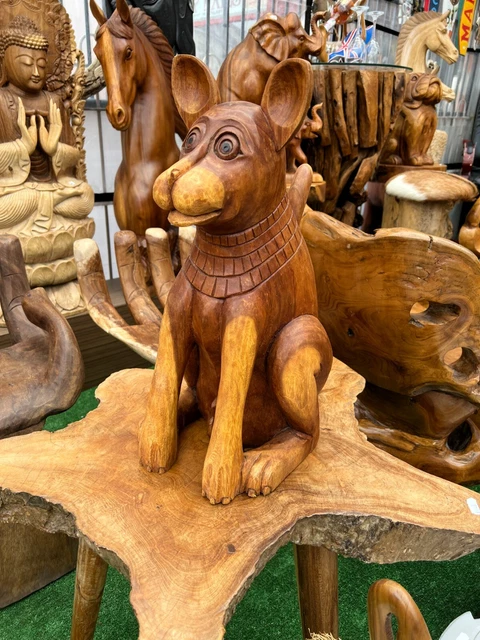 Qualität handgefertigte geschnitzte Holzfigur LUSTIGER HUND 50 cm braune Farbe Wohnkultur
