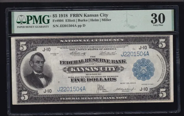 US 1918 $5 FRBN Kansas City FR 804 PMG 30 VF (504)