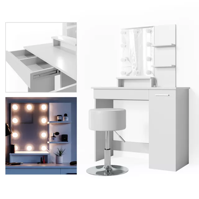 Vicco Table de maquillage Julia coiffeuse avec miroir Blanc + 10 lampes LED