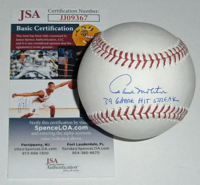 BREWERS Paul Molitor signed baseball w/ 39 Game Hit Streak JSA COA Autographed
