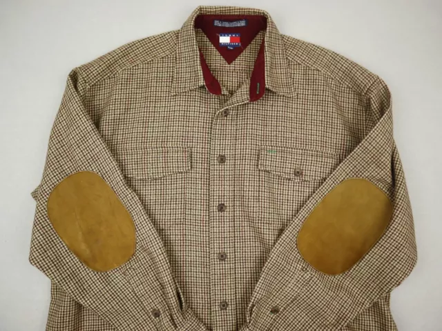 Tommy Hilfiger Shirt Men XL Brown Houndstooth Button Up Suede Elbow Pads Pockets 2