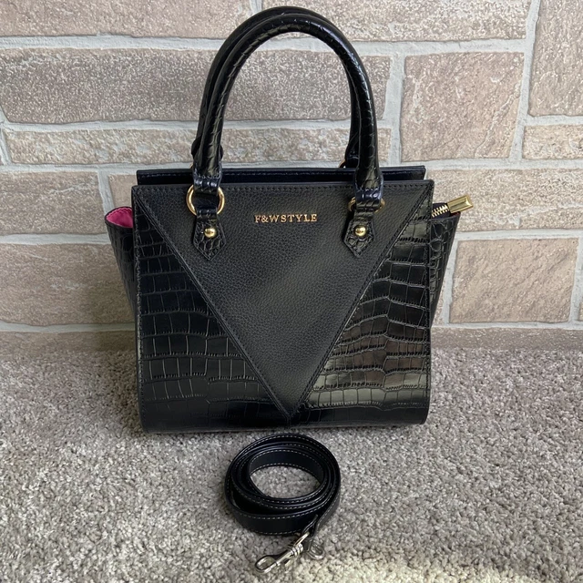 F&W Style Small Croc Embossed Smooth Black LEATHER Handbag ShoulderBag Purse
