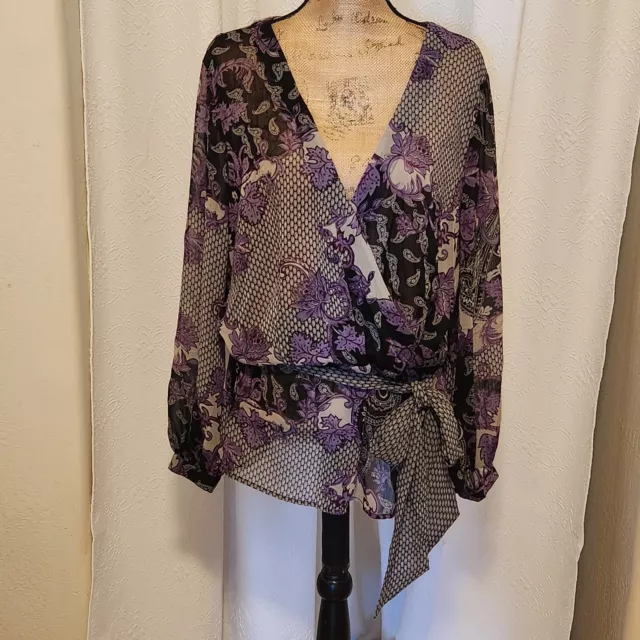 Studio 1940 Women's 22/24 Purple & Black Floral Long Sleeve Sheer Tunic Top