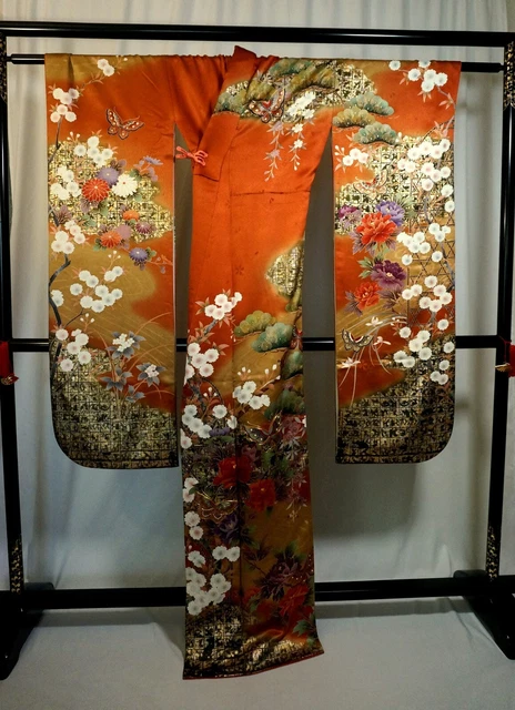Japanese kimono SILK"FURISODE" long sleeves,Gold leaf/thread, Plants, L5'6".3416 2