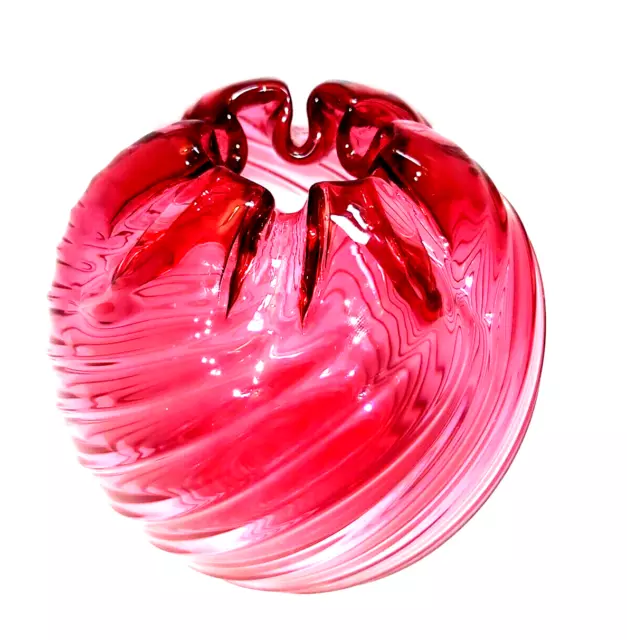 Rossi Cranberry Handblown Art Glass Rose Bowl Vase Crimped Edge Swirled Optic