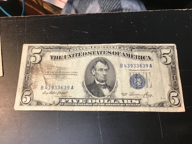 1953 Five Dollar  Silver Certificate $5 Bill Blue Seal Note FREE SHIPPING-1 Note