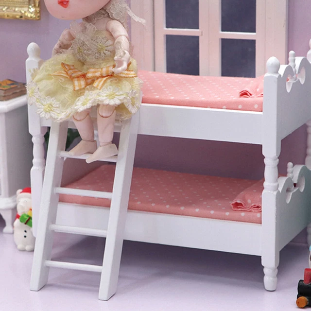 1:12 Scale Dollhouse Bunk Bed With Ladder - Miniature Furniture For Doll House