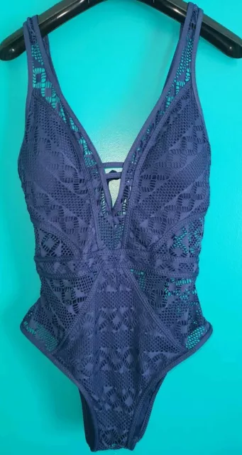 BECCA By Rebecca Virtue Size L  Color Play Plunge One-Piece Swimsuit Blue Large